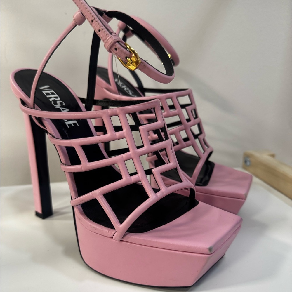 Versace Pink Greca Maze Strappy Platform Heels